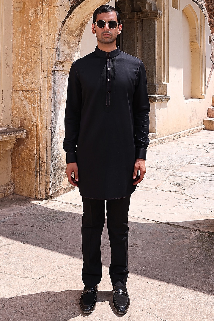 Black Dupion & Modal Satin Nehru Jacket Set by Abkasa at Pernia's Pop Up Shop
