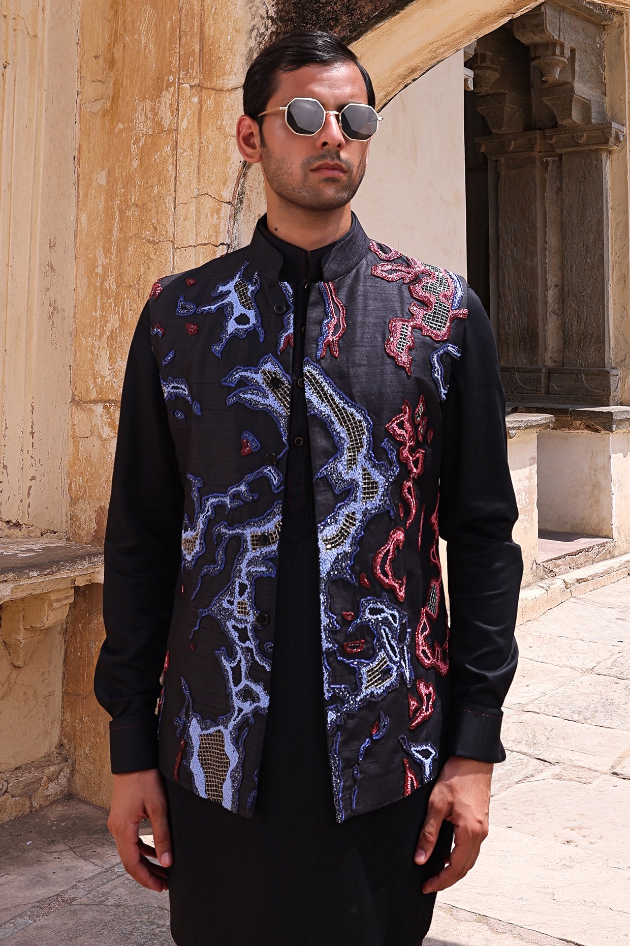 Black Dupion & Modal Satin Nehru Jacket Set by Abkasa at Pernia's