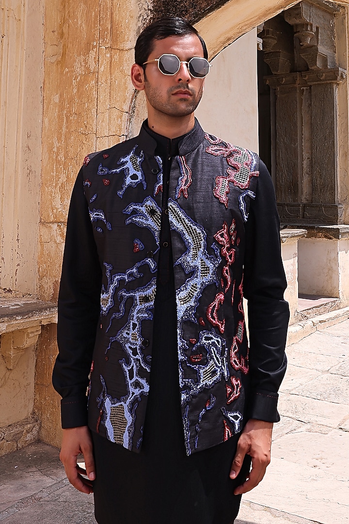 Black Dupion & Modal Satin Nehru Jacket Set by Abkasa at Pernia's Pop Up Shop
