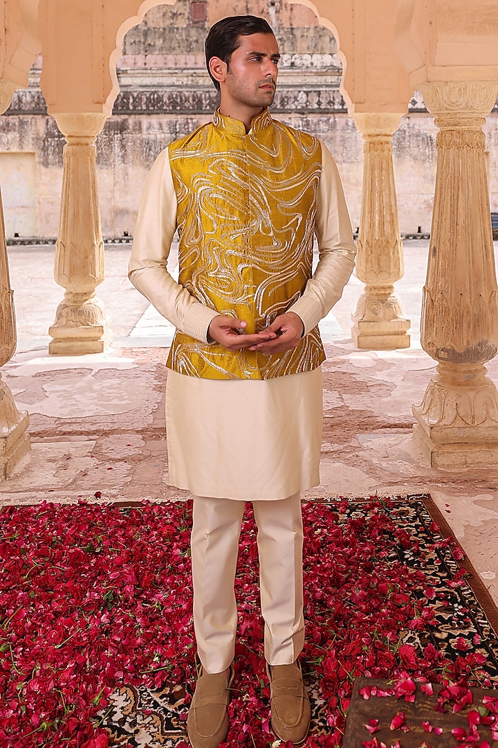 Yellow Pure Silk & Katan Silk Nehru Jacket Set by Abkasa