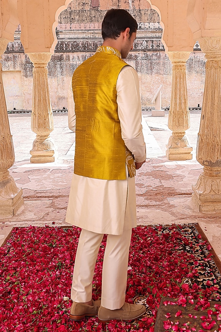 Yellow Pure Silk & Katan Silk Nehru Jacket Set by Abkasa at Pernia's Pop Up Shop