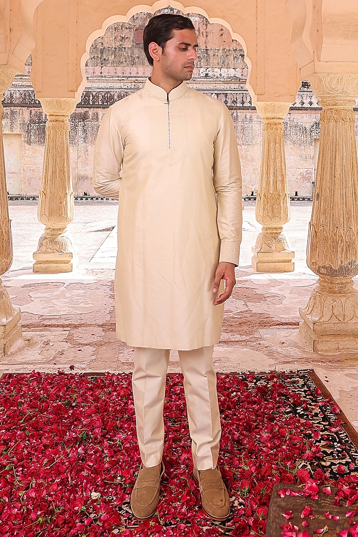 Yellow Pure Silk & Katan Silk Nehru Jacket Set by Abkasa at Pernia's Pop Up Shop