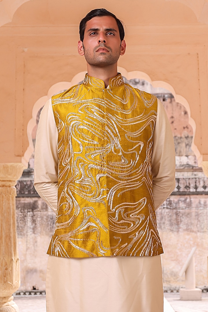 Yellow Pure Silk & Katan Silk Nehru Jacket Set by Abkasa at Pernia's Pop Up Shop