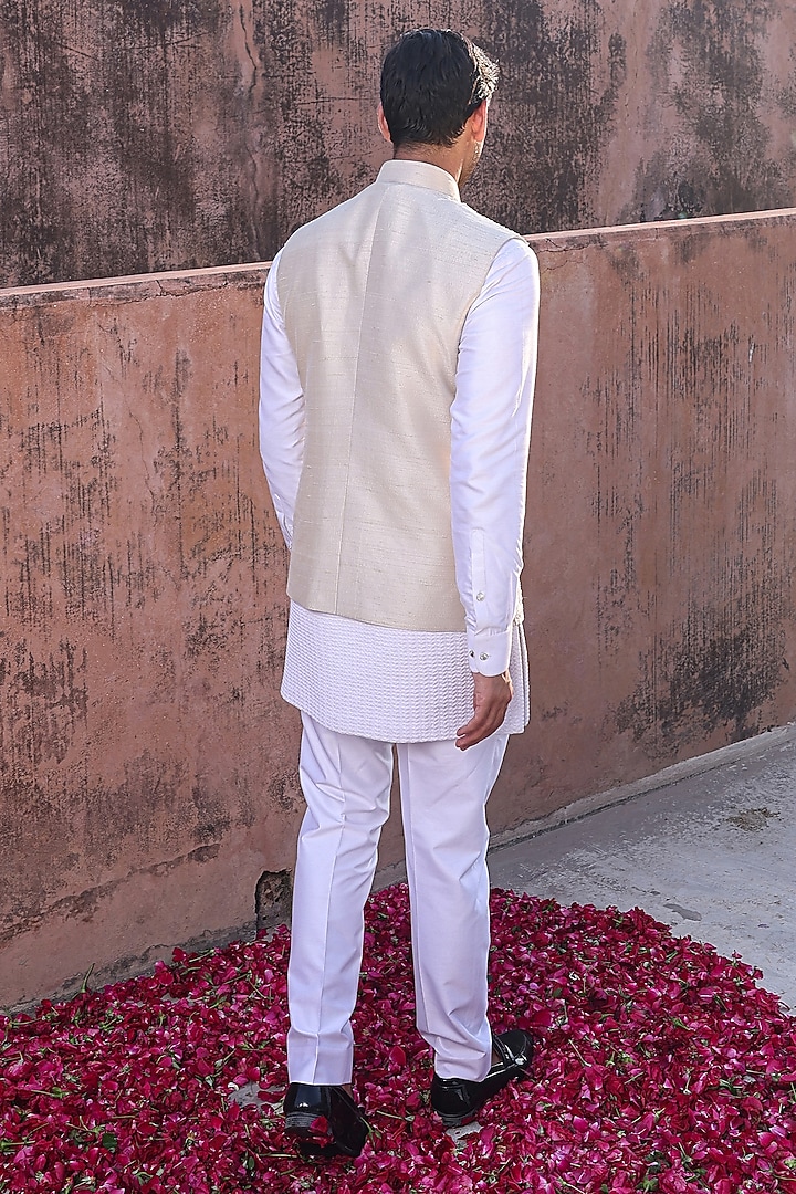 White Pure Silk & Katan Silk Nehru Jacket Set by Abkasa at Pernia's Pop Up Shop