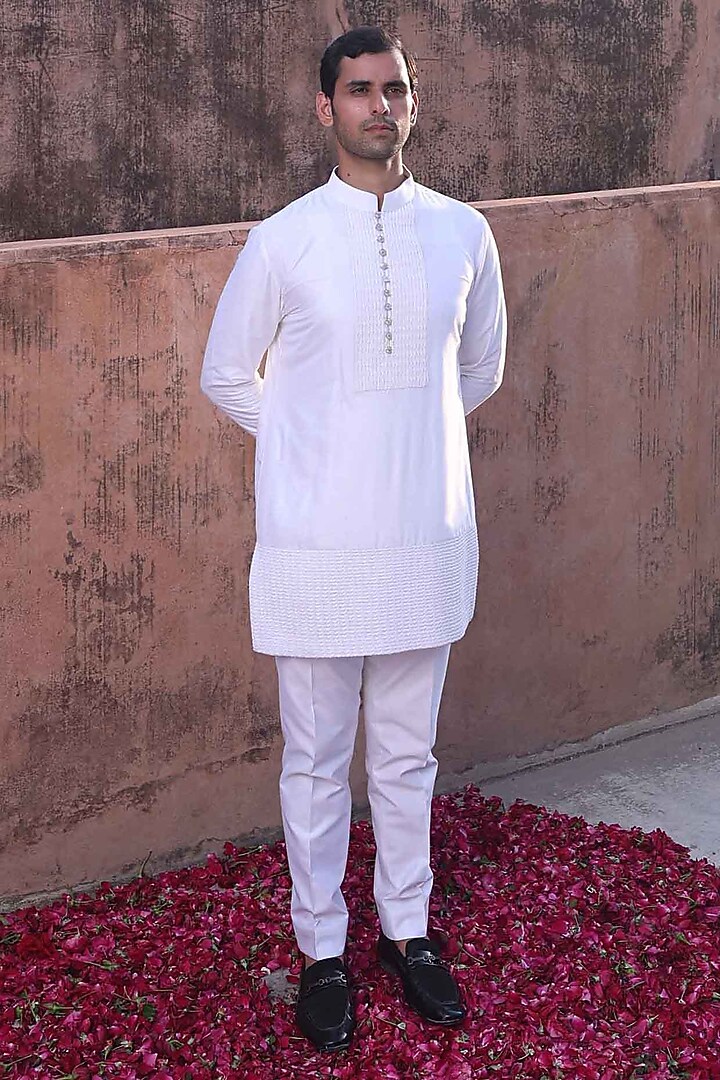 White Pure Silk & Katan Silk Nehru Jacket Set by Abkasa at Pernia's Pop Up Shop