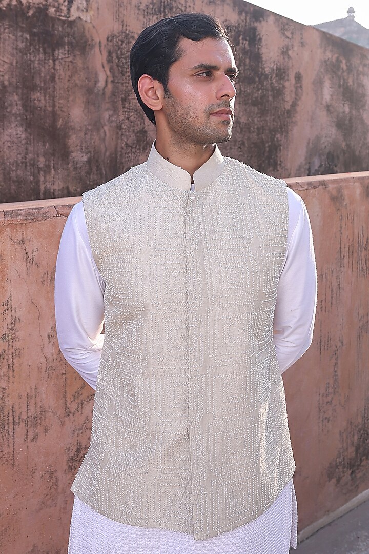 White Pure Silk & Katan Silk Nehru Jacket Set by Abkasa at Pernia's Pop Up Shop