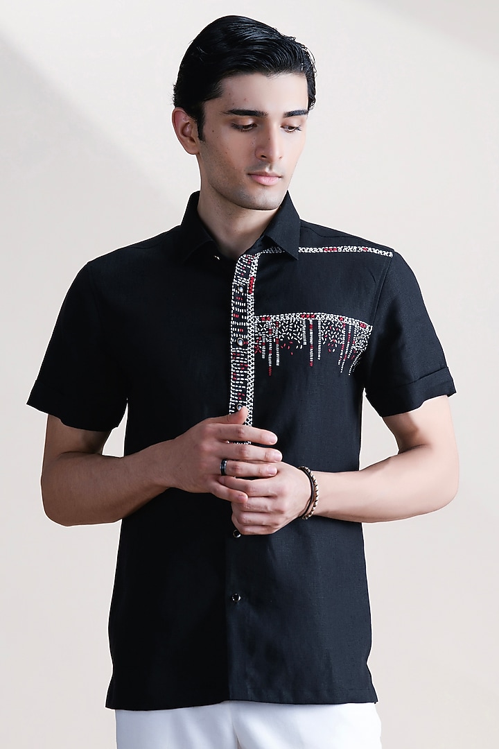 Black Linen Party Wear Shirt by Abkasa at Pernia's Pop Up Shop