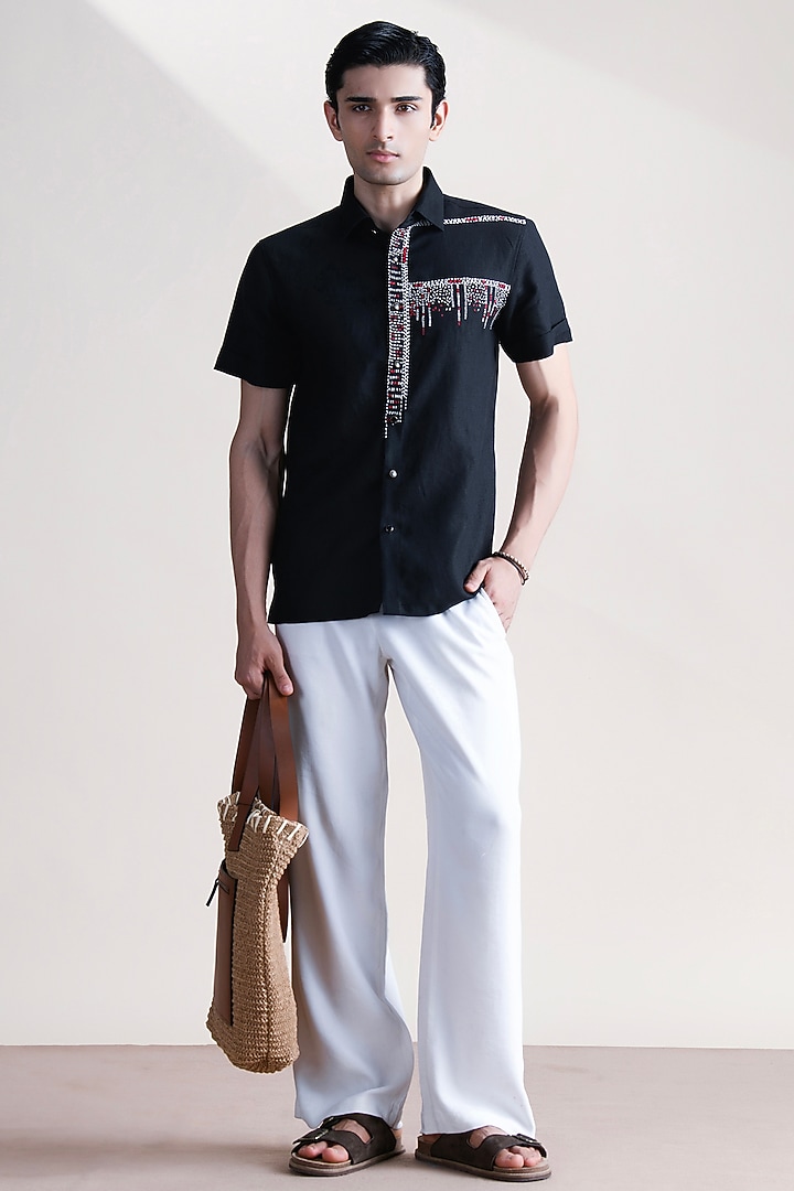 Black Linen Party Wear Shirt by Abkasa at Pernia's Pop Up Shop