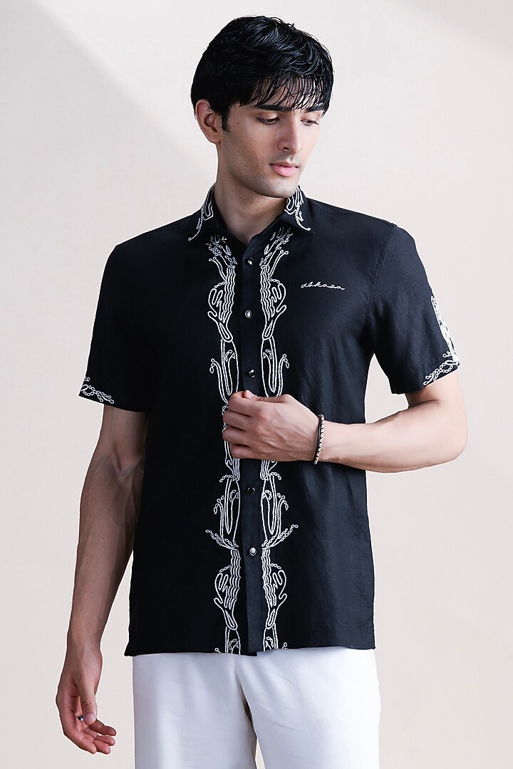 Black Linen Party Wear Shirt by Abkasa at Pernia's Pop Up Shop