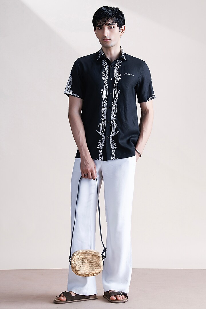 Black Linen Party Wear Shirt by Abkasa at Pernia's Pop Up Shop