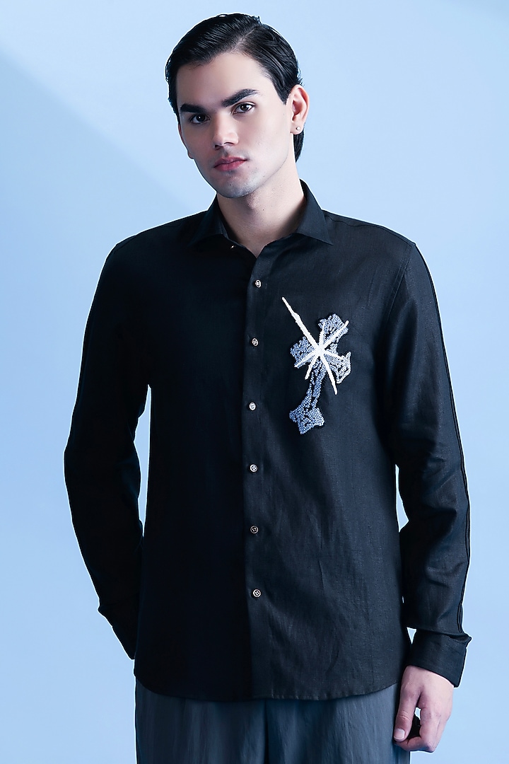 Black Linen Party Wear Shirt by Abkasa at Pernia's Pop Up Shop