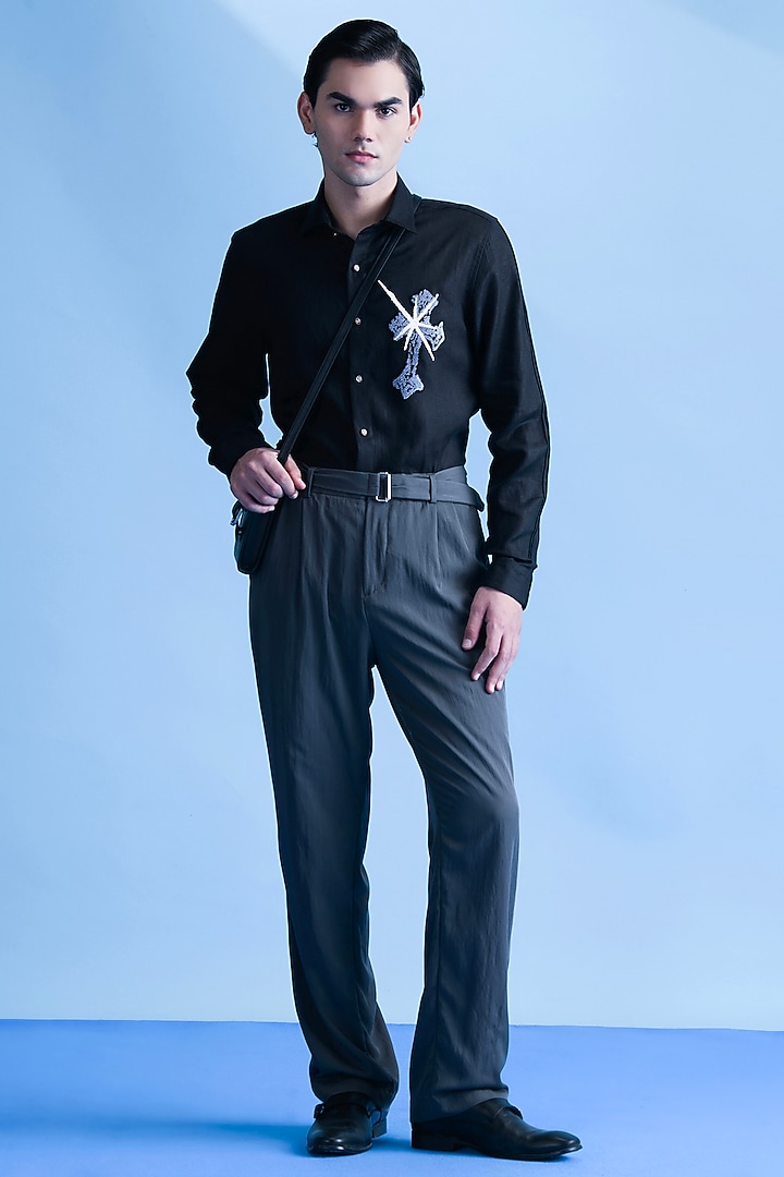 Black Linen Party Wear Shirt by Abkasa at Pernia's Pop Up Shop