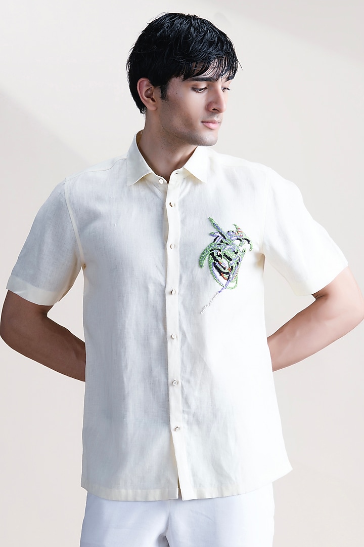 Lemon-Colored Linen Party Wear Shirt by Abkasa at Pernia's Pop Up Shop