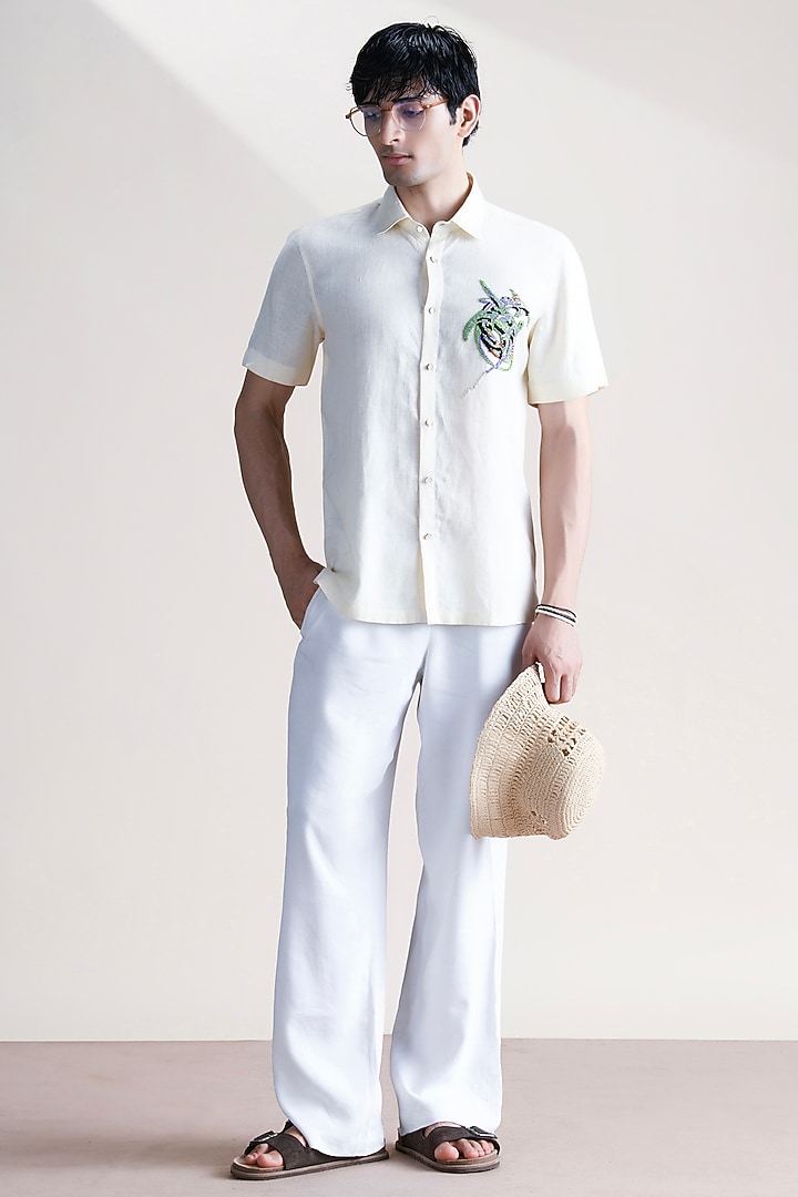 Lemon-Colored Linen Party Wear Shirt by Abkasa at Pernia's Pop Up Shop