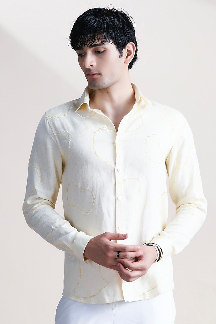 Lemon-Colored Linen Party Wear Shirt by Abkasa at Pernia's Pop Up Shop
