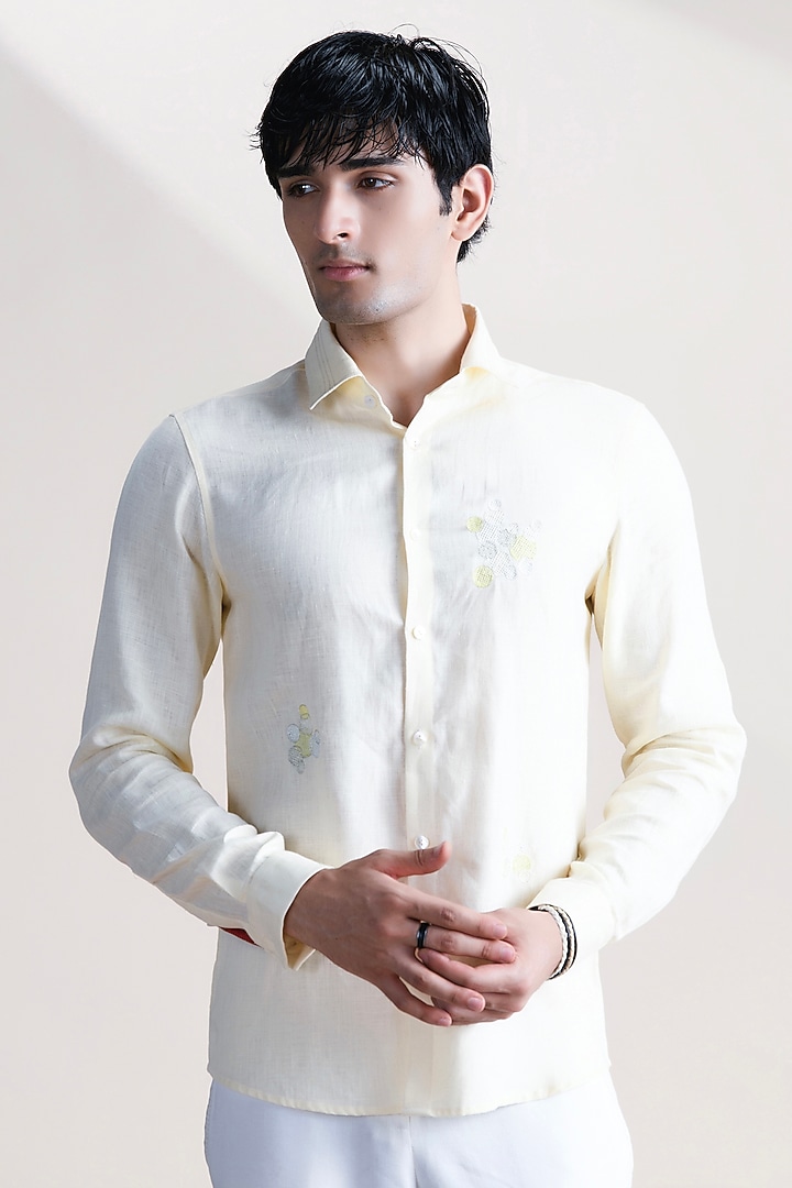 Lemon-Colored Linen Party Wear Shirt by Abkasa at Pernia's Pop Up Shop