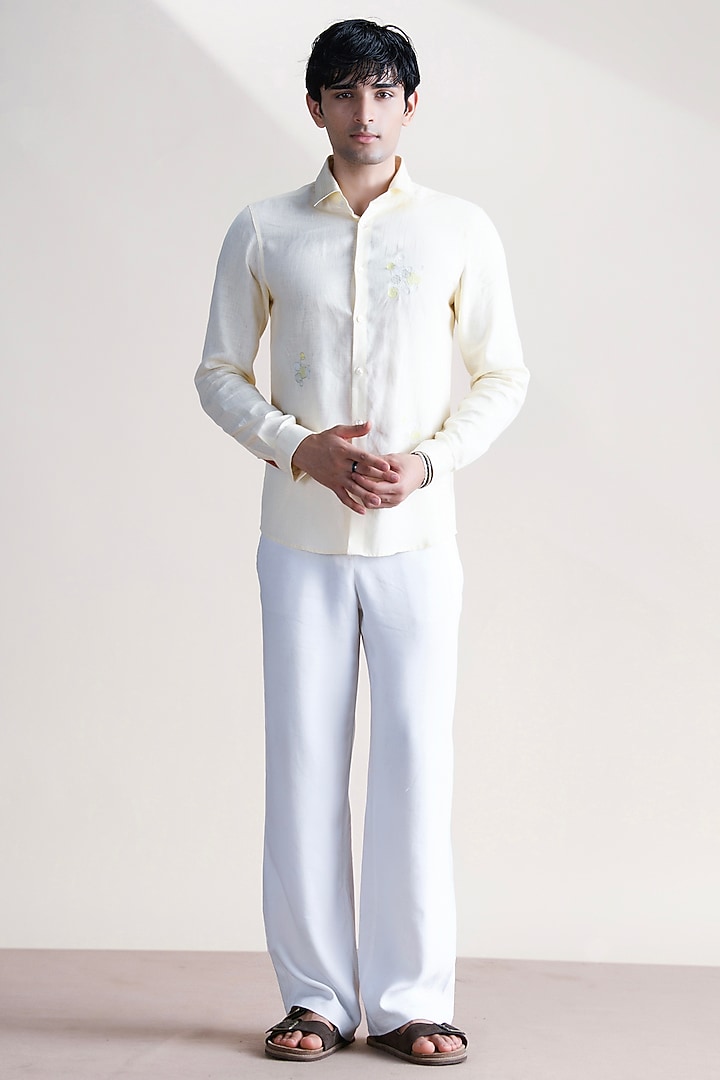 Lemon-Colored Linen Party Wear Shirt by Abkasa at Pernia's Pop Up Shop