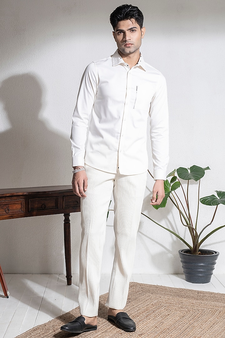 Cream Cotton Polka Dot Printed Party Wear Shirt by Abkasa at Pernia's Pop Up Shop