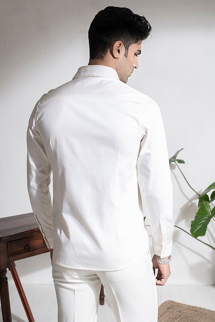 Cream Cotton Polka Dot Printed Party Wear Shirt by Abkasa at Pernia's Pop Up Shop