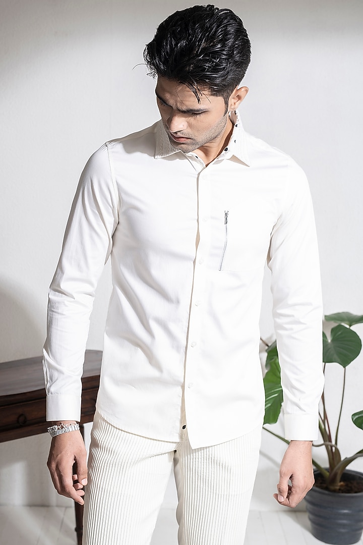 Cream Cotton Polka Dot Printed Party Wear Shirt by Abkasa at Pernia's Pop Up Shop