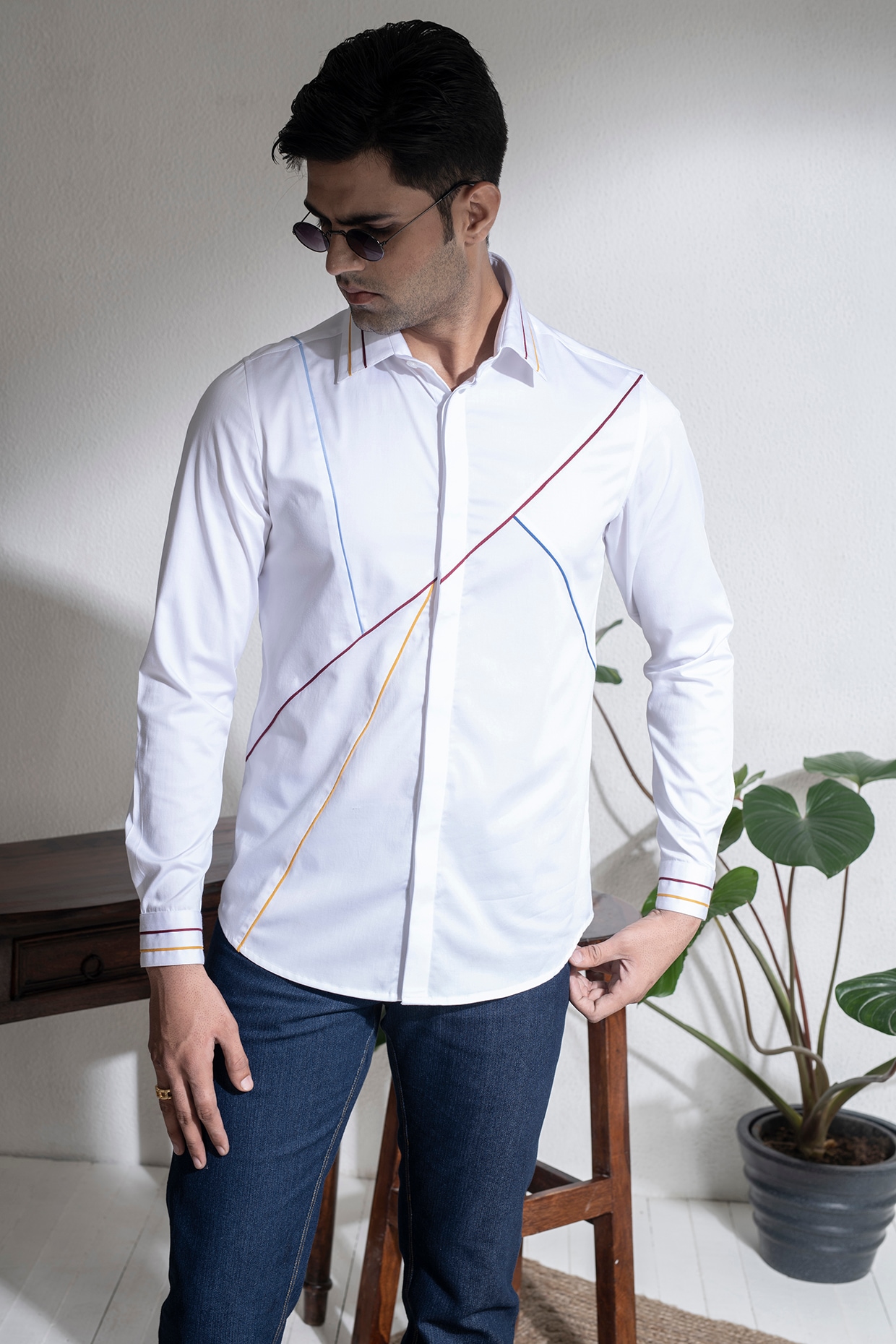 White Cotton Shirt With Piping Design by Abkasa at Pernia's Pop Up Shop 2024