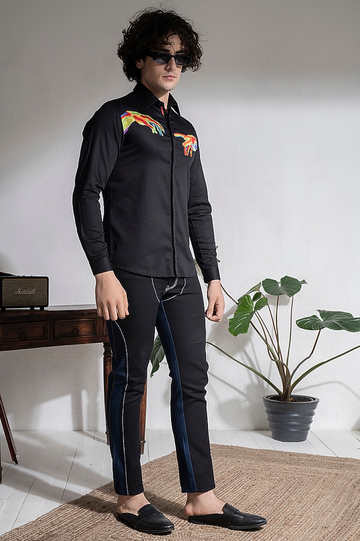 Black Cotton Embroidered Party Wear Shirt by Abkasa at Pernia's Pop Up Shop