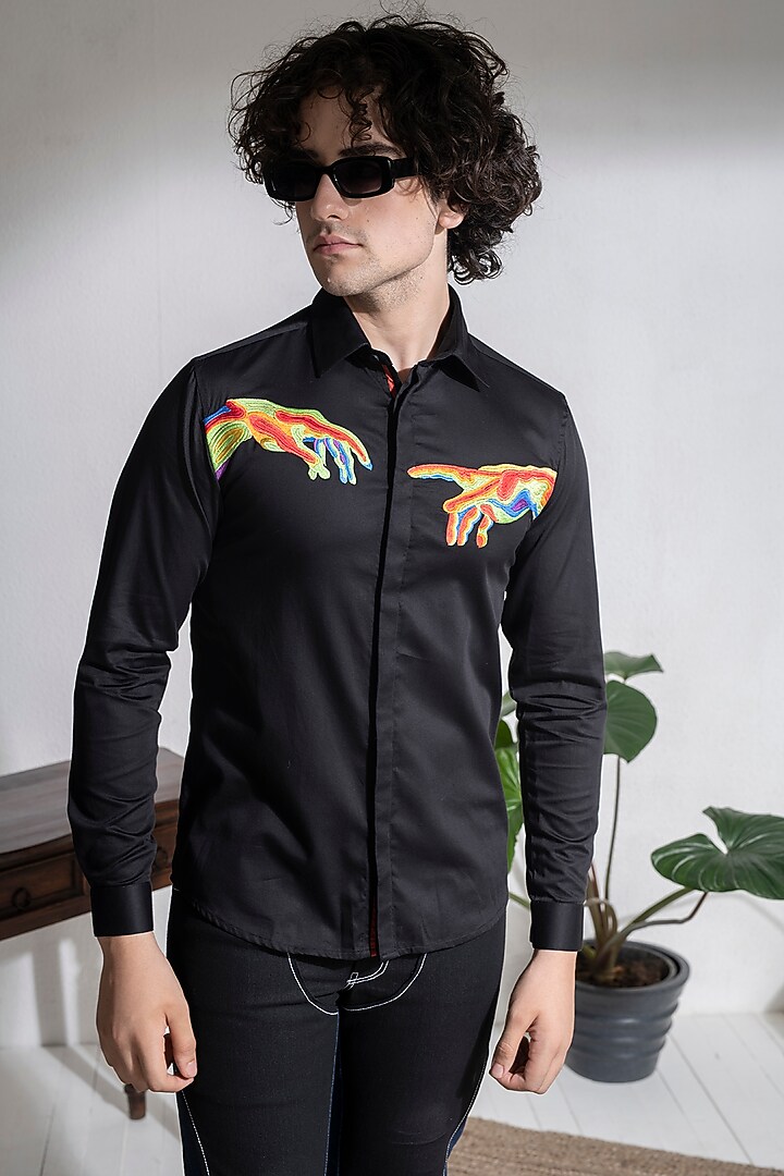 Black Cotton Embroidered Party Wear Shirt by Abkasa at Pernia's Pop Up Shop