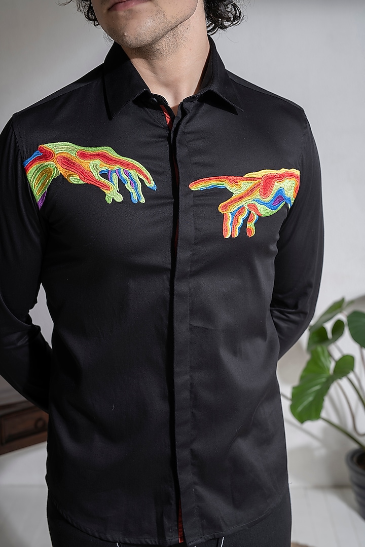 Black Cotton Embroidered Party Wear Shirt by Abkasa at Pernia's Pop Up Shop