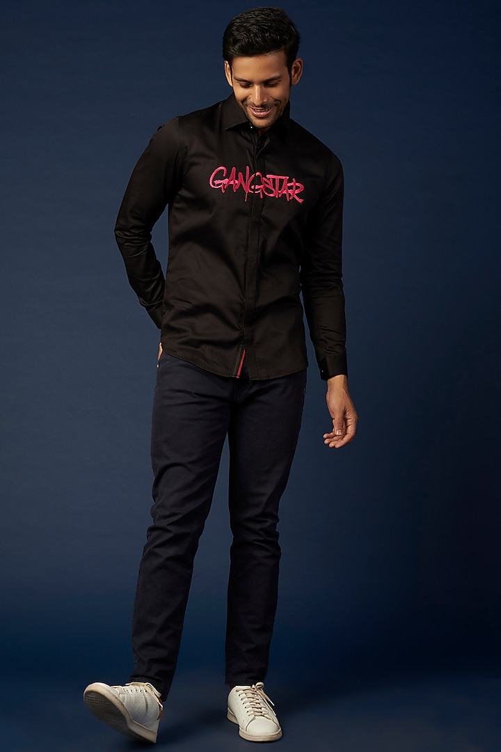 Black Pure Cotton Embroidered Summer Shirt by Abkasa at Pernia's Pop Up Shop