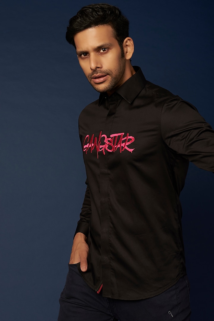 Black Pure Cotton Embroidered Summer Shirt by Abkasa at Pernia's Pop Up Shop