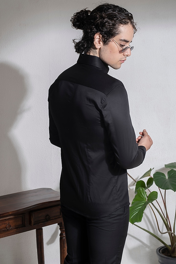 Black Cotton Button-Down Party Wear Shirt by Abkasa at Pernia's Pop Up Shop