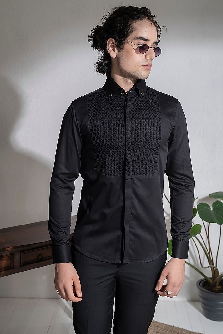 Black Cotton Button-Down Party Wear Shirt by Abkasa at Pernia's Pop Up Shop