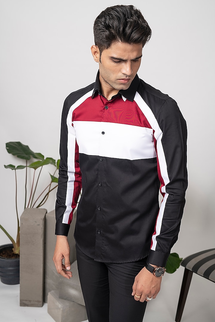 Black Cotton Color-Blocked Pleated Shirt by Abkasa