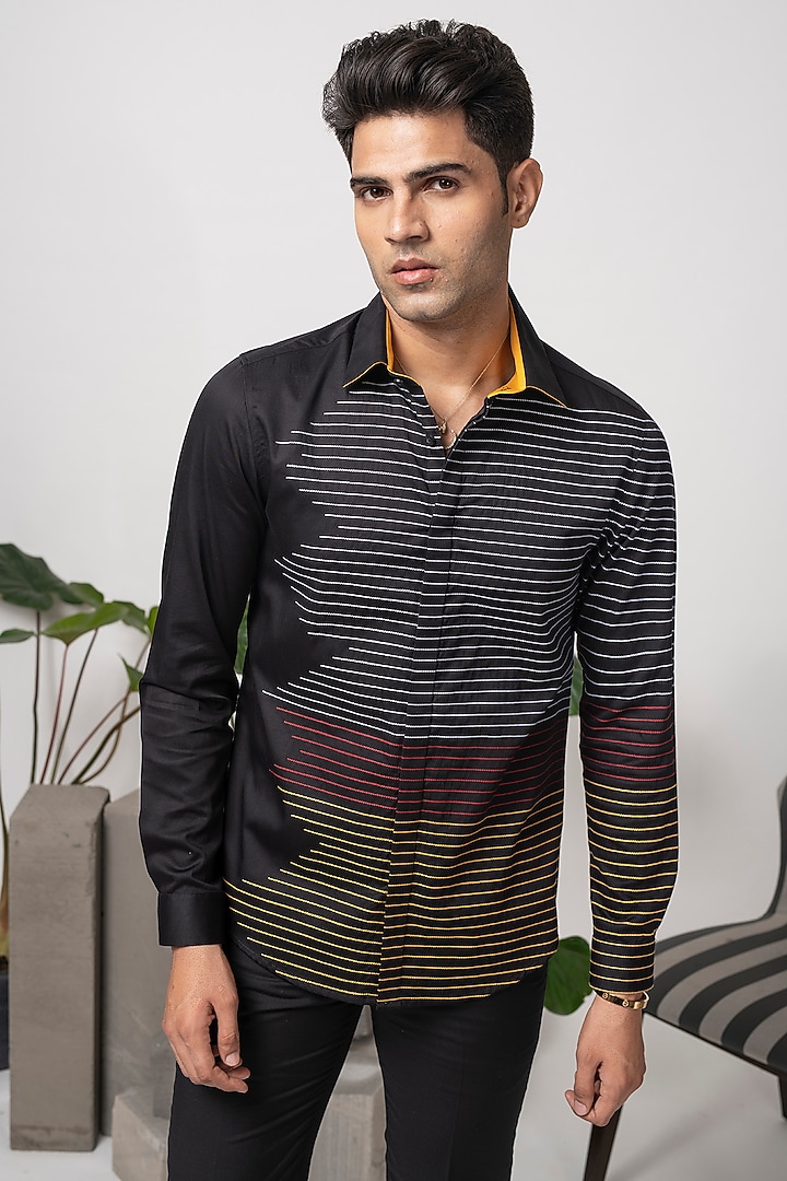 Black Cotton Party Wear Shirt With Stitch Lines by Abkasa at Pernia's Pop Up Shop