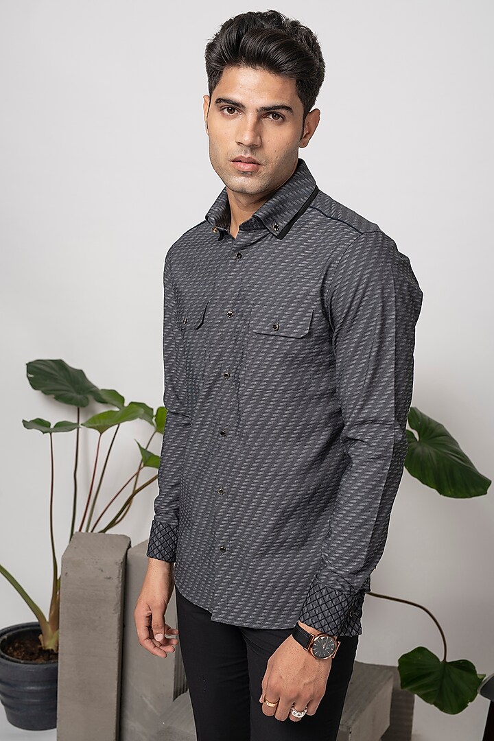 Grey Self Textured Cotton Party Wear Shirt by Abkasa at Pernia's Pop Up Shop