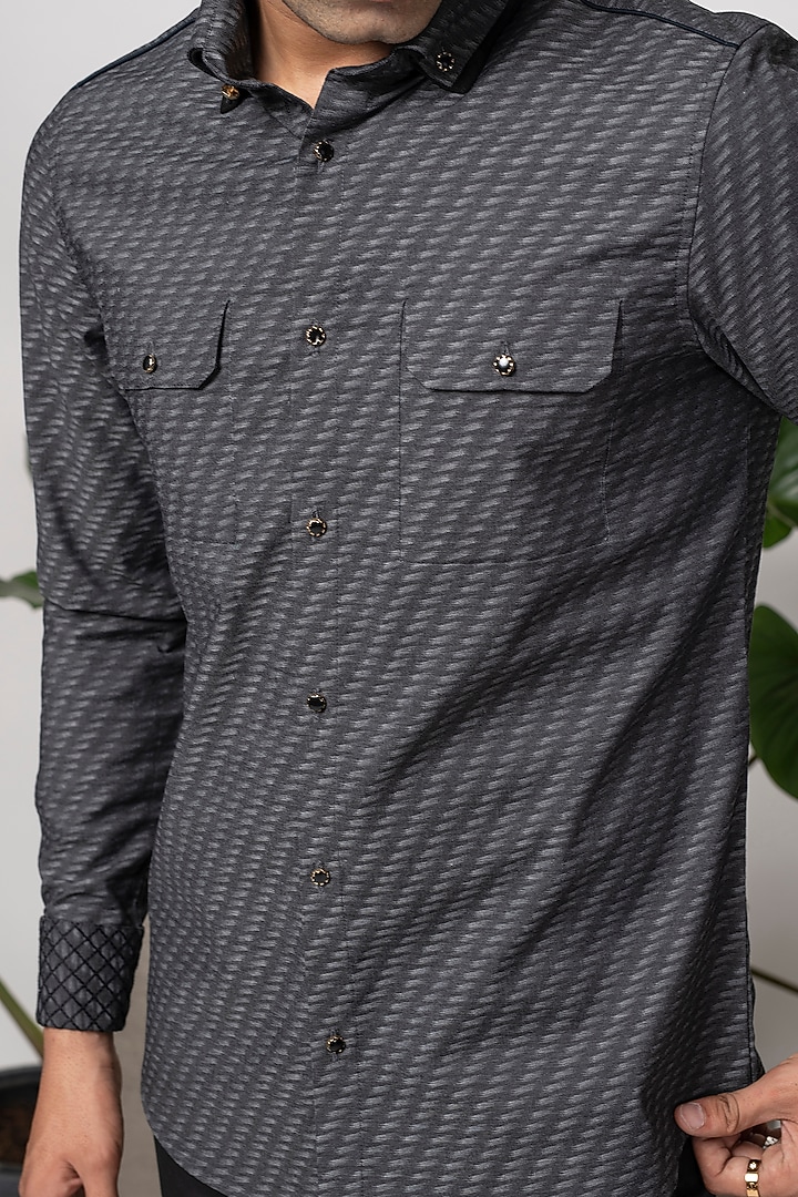 Grey Self Textured Cotton Party Wear Shirt by Abkasa at Pernia's Pop Up Shop