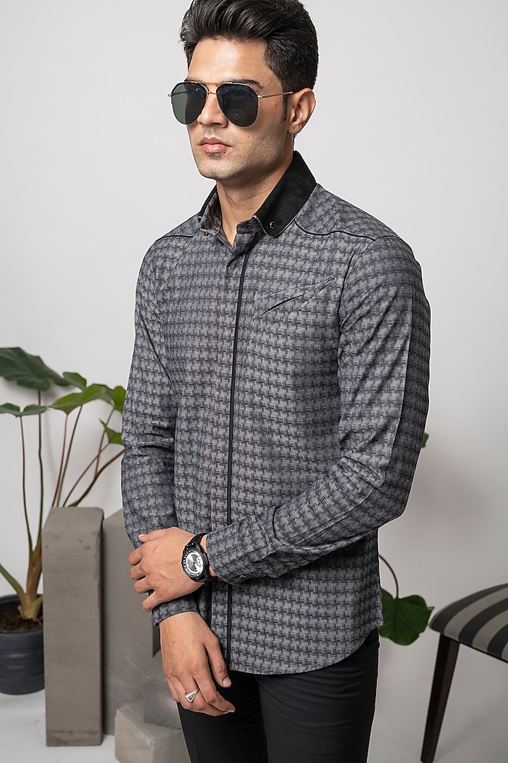 Grey Giza Cotton Party Wear Shirt by Abkasa at Pernia's Pop Up Shop