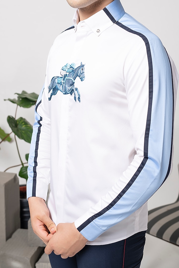 White Cotton Motif Embroidered Party Wear Shirt by Abkasa at Pernia's Pop Up Shop