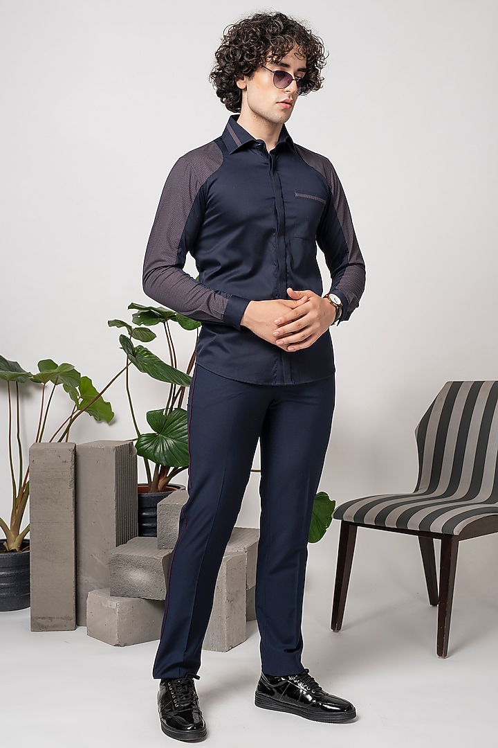 Navy Blue Cotton Party Wear Shirt With Sleeve Panel by Abkasa at Pernia's Pop Up Shop