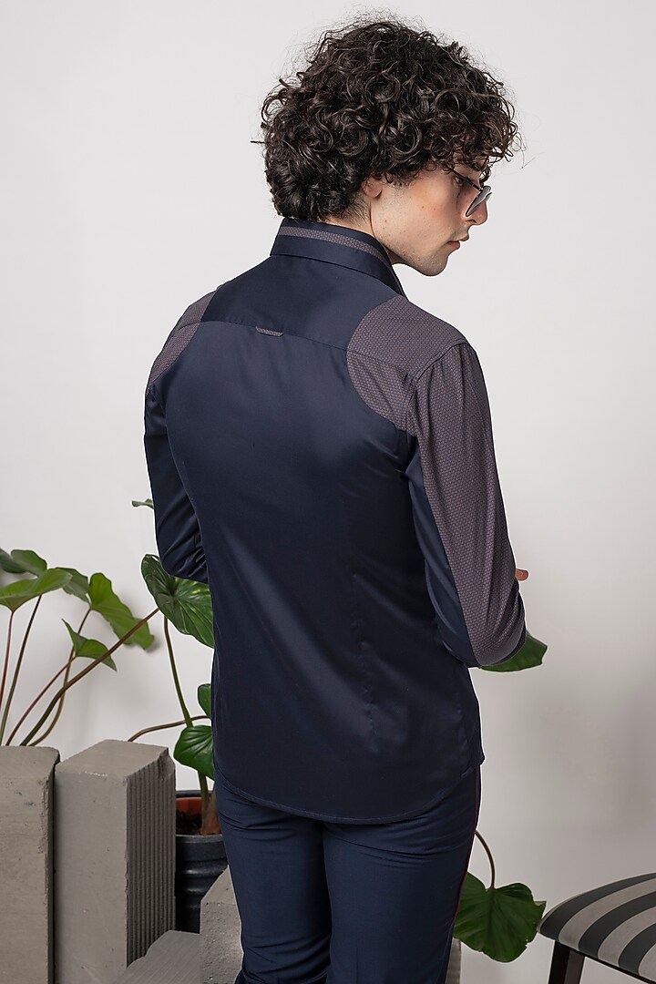 Navy Blue Cotton Party Wear Shirt With Sleeve Panel by Abkasa at Pernia's Pop Up Shop