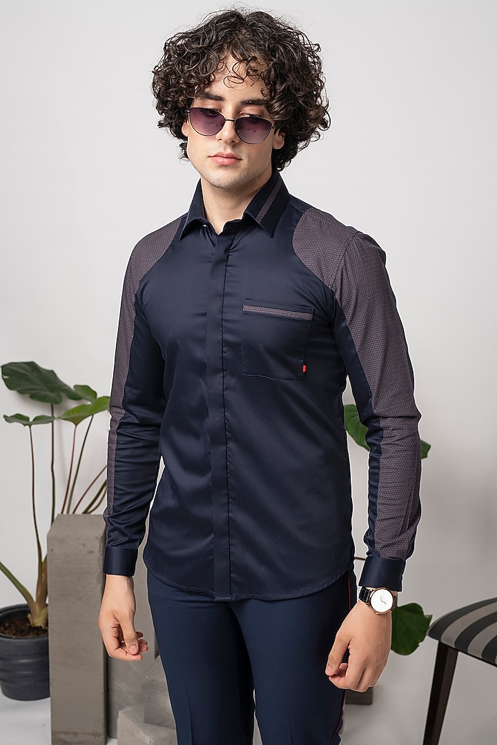 Navy Blue Cotton Party Wear Shirt With Sleeve Panel by Abkasa at Pernia's Pop Up Shop