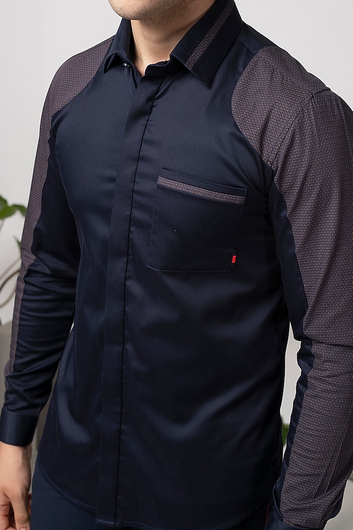 Navy Blue Cotton Party Wear Shirt With Sleeve Panel by Abkasa at Pernia's Pop Up Shop