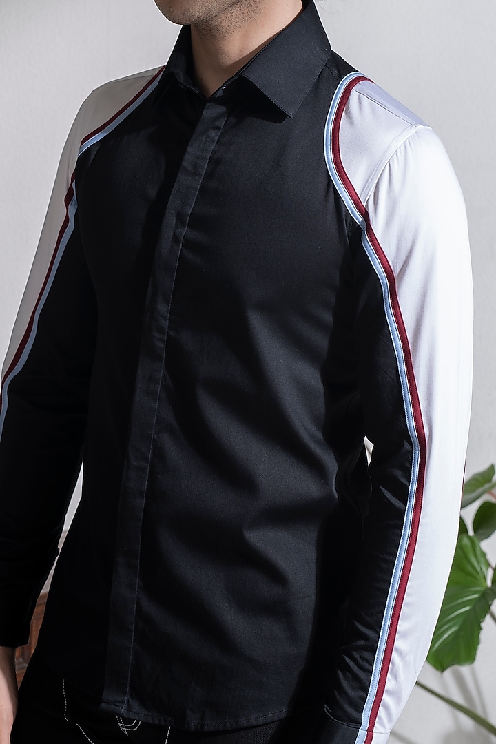 Black & White Cotton Color-Blocked Party Wear Shirt by Abkasa at Pernia's Pop Up Shop