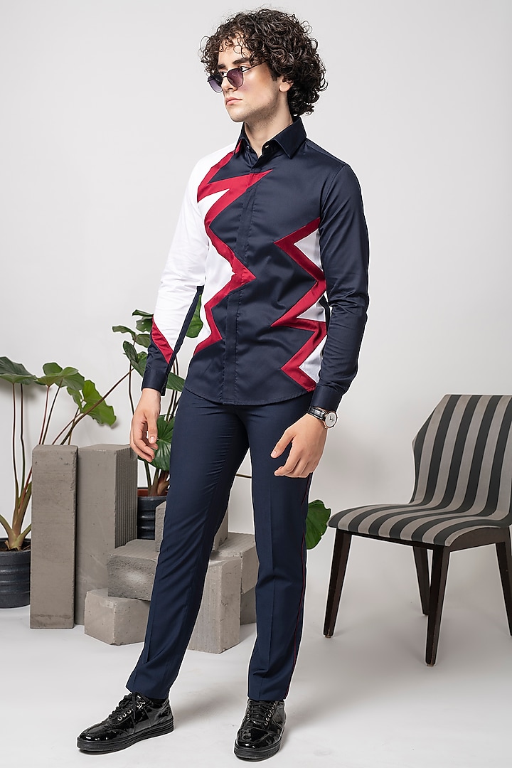 Blue Cotton Shirt With Colour Blocking by Abkasa