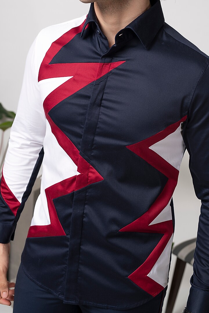 Black & White Cotton Color-Blocked Party Wear Shirt by Abkasa at Pernia's Pop Up Shop