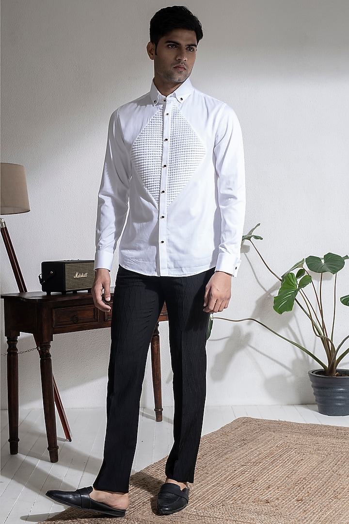 White Cotton Pintuck Party Wear Shirt by Abkasa at Pernia's Pop Up Shop