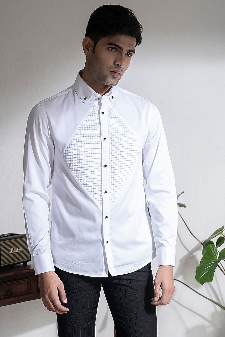 White Cotton Pintuck Party Wear Shirt by Abkasa at Pernia's Pop Up Shop