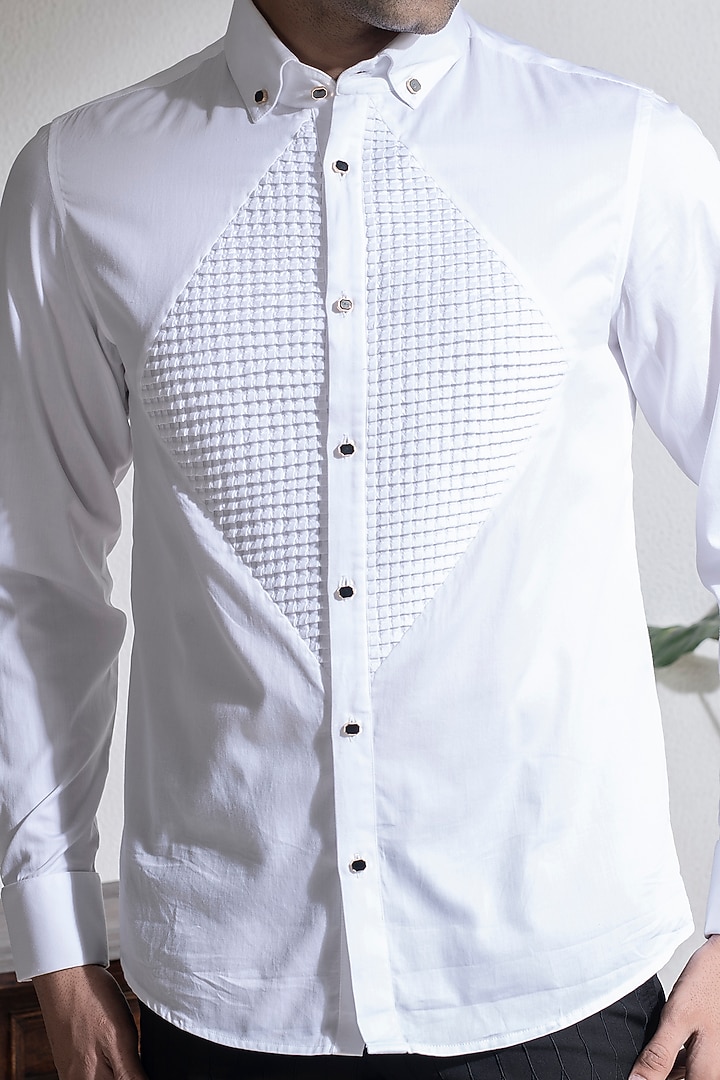 White Cotton Pintuck Party Wear Shirt by Abkasa at Pernia's Pop Up Shop