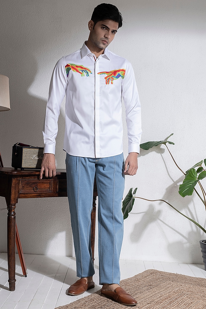 White Cotton Embroidered Party Wear Shirt by Abkasa at Pernia's Pop Up Shop