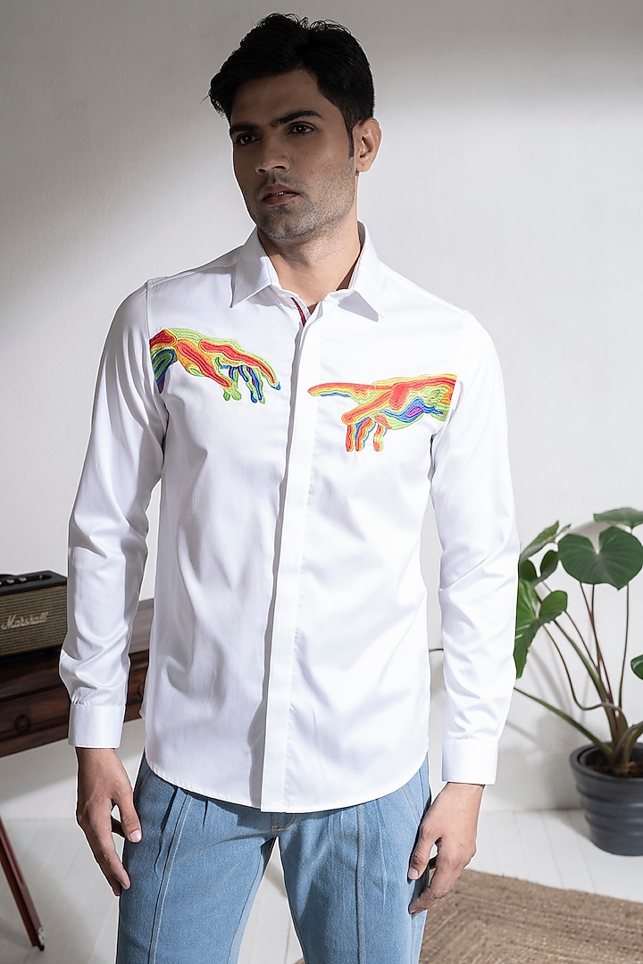 White Cotton Party Wear Shirt With Embroidery by Abkasa at Pernia's Pop Up Shop